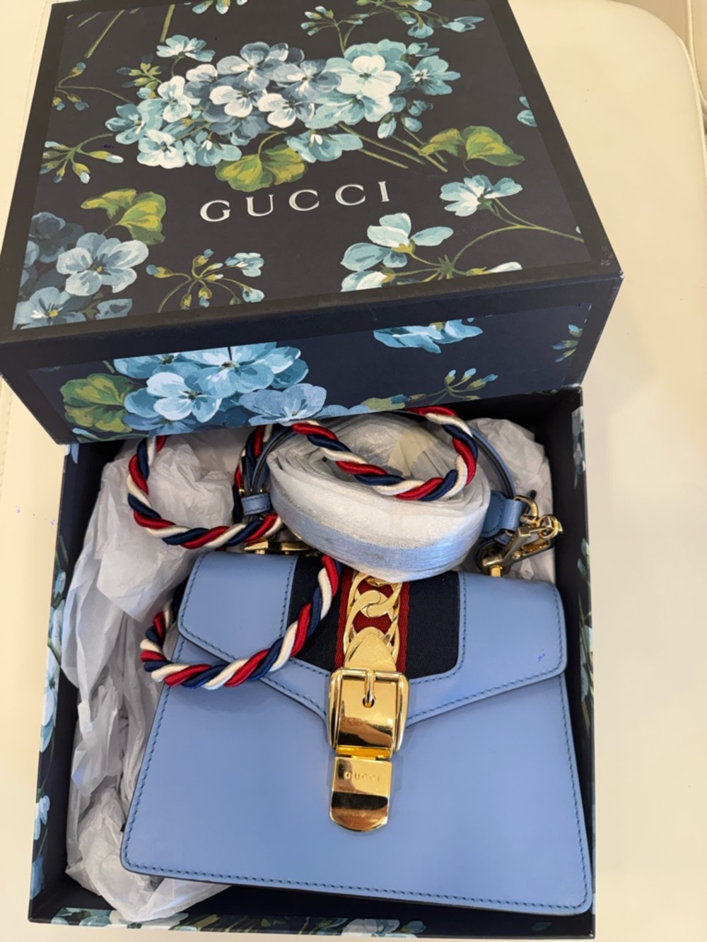 Gucci Light Blue Leather Top Handle Satchel with Tricolor Rope Strap - Picture 2 of 5